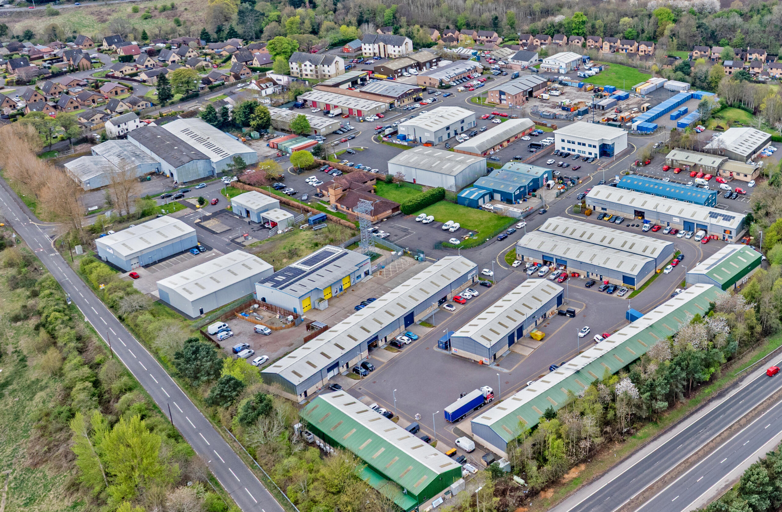 Aerial view of Mill Road Industrial Estate in Linlithgow, home to secure self storage and commercial units near Park Farm Storage