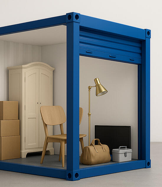 Strongholds Insulated Storage Unit – Cutaway View at Boxxs Self Storage in Linlithgow Cutaway view of a Strongholds insulated drive-up storage unit at Boxxs Self Storage in Linlithgow, showing household items, business stock, and tools that can be stored securely