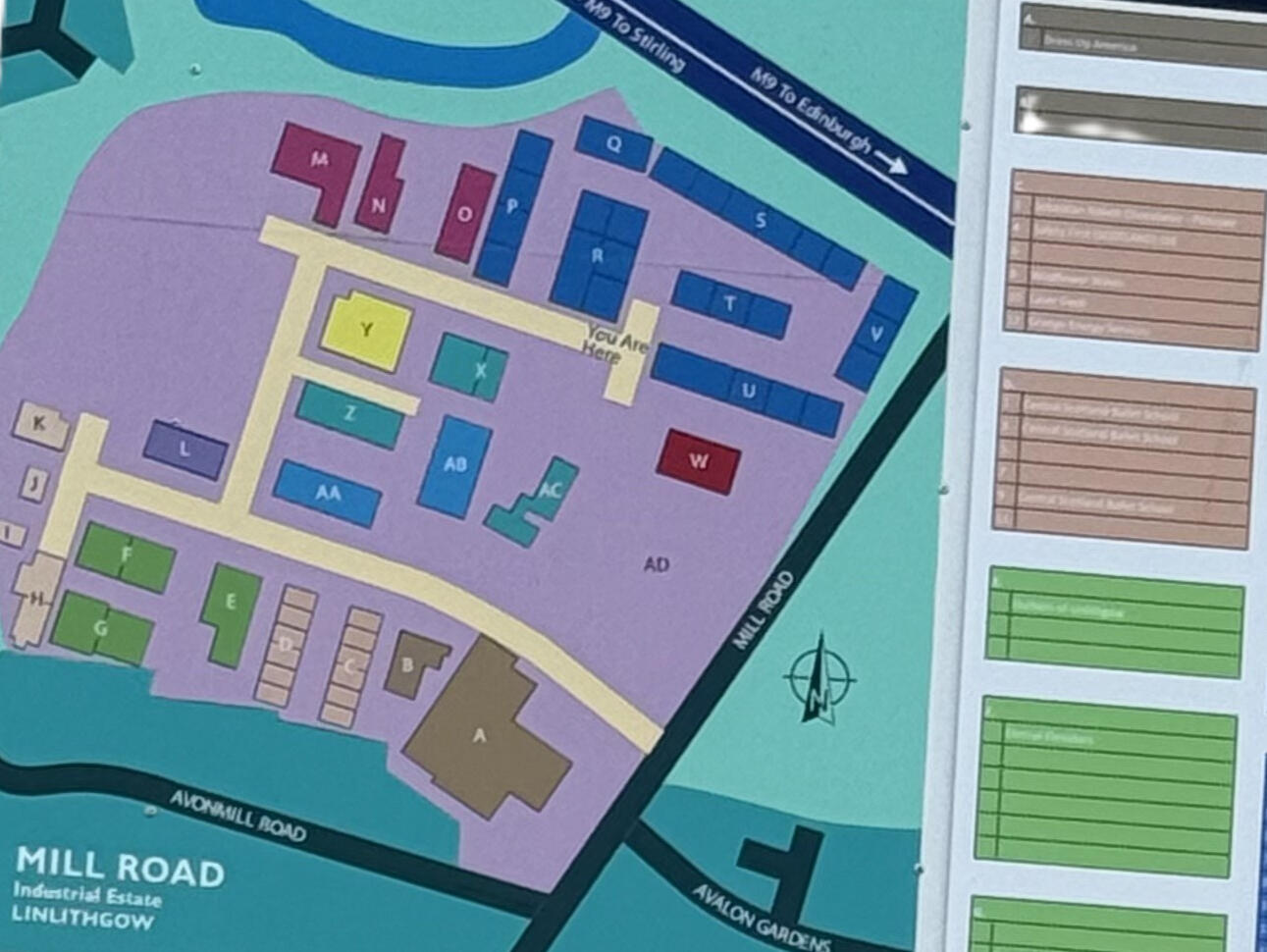 Signpost at Mill Road Industrial Estate in Linlithgow showing tenant directory and site map for visitors